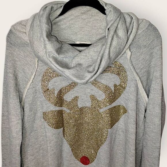 12pm By Mon Ami Womens Tee Sz M Unisex Cowl Neck Grey Gold Sparkle Reindeer Xmas - Picture 3 of 9
